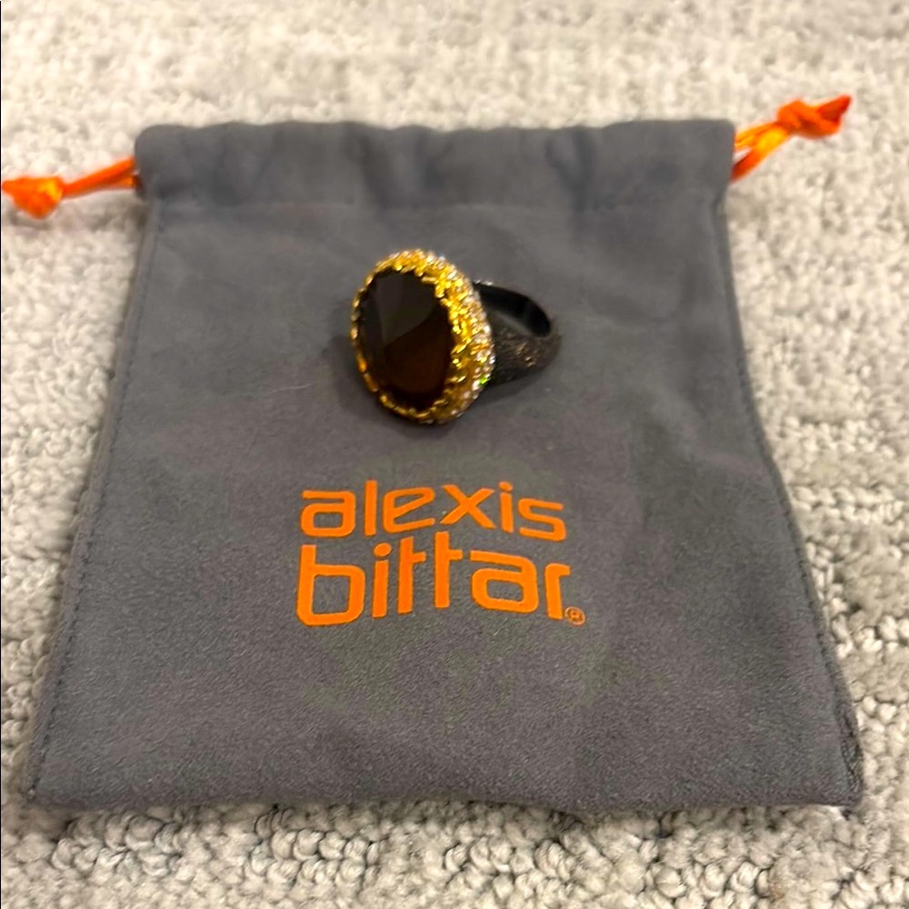 Alexis Bittar Smoky Quartz, Gold & Crystal Textured Shank Cocktail Ring
